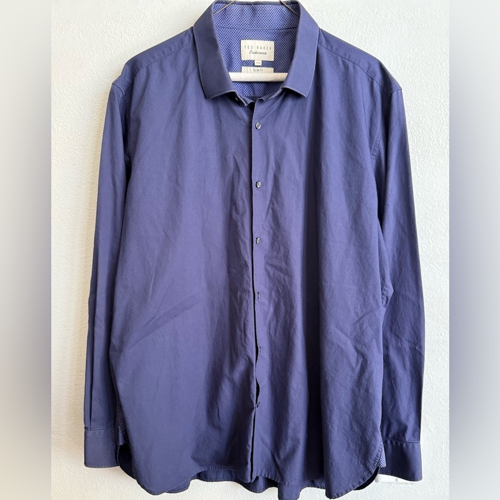 TED BAKER Navy Dress Shirt | Bold Cuff Detail | Luxe Stretch Fit | L